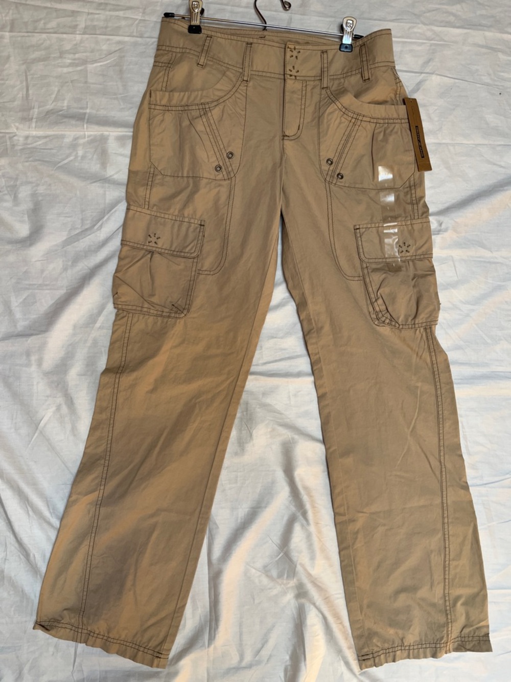 Y2K Vintage DKNY Tan Cargo Pants with Utility Pockets low rise flair